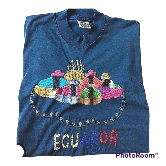 Embroidered Equador Teal Cotton T-Shirt size S - Picture 1 of 4